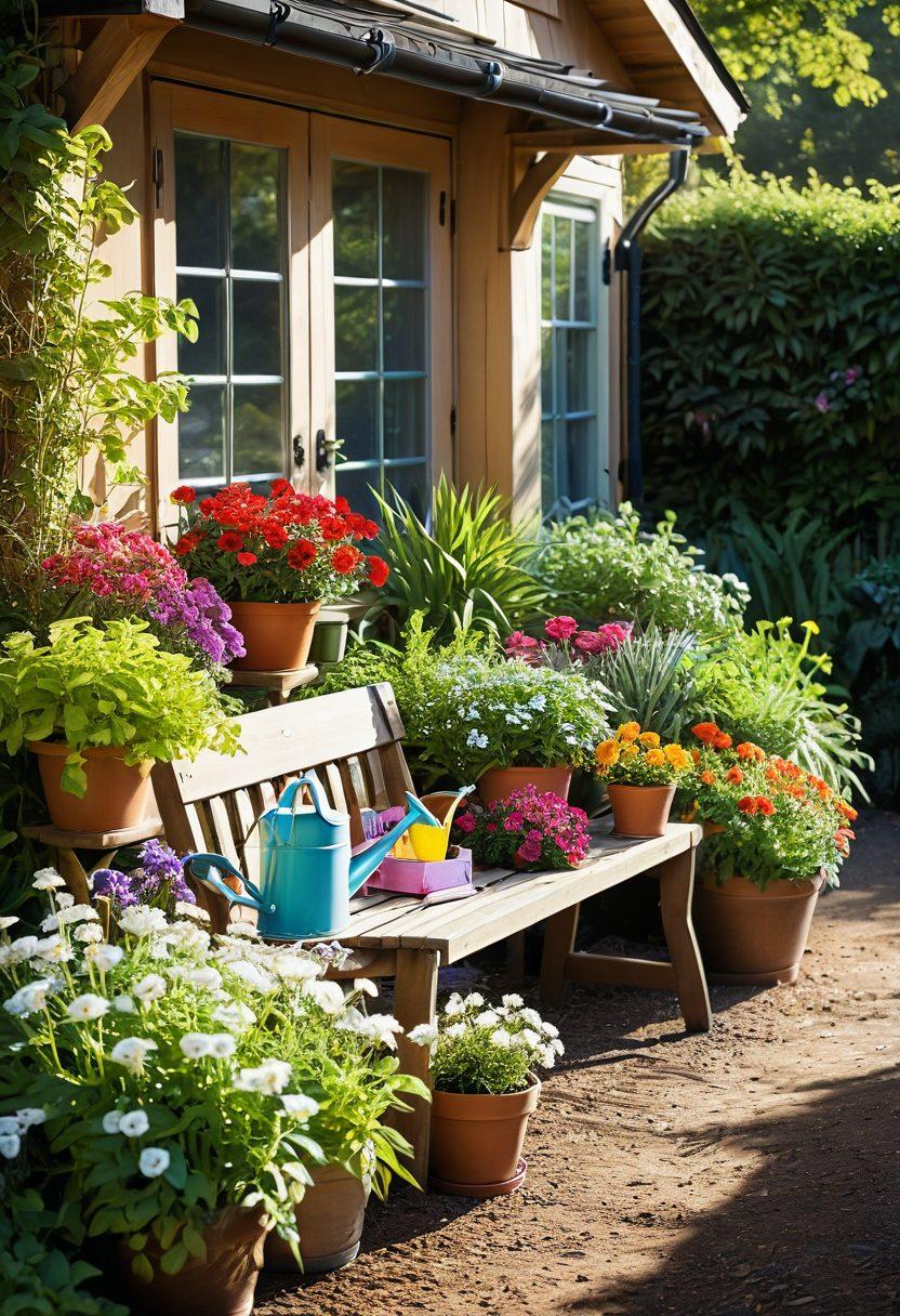 A sunlit garden filled with a variety of vibrant, healthy plants and flowers, showcasing tools like watering cans, pruning shears, and soil bags scattered throughout. A gentle breeze rustles the leaves, and a cozy bench invites relaxation in the background. Include a small sign that reads 'Plant Care Tips' creatively integrated into the scene. super-realistic. vibrant colors. soft focus.