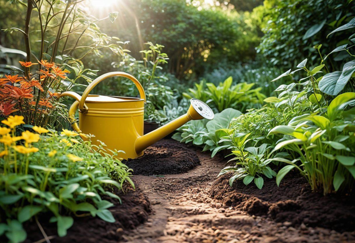 An enchanting garden scene showcasing rich, dark soil with vibrant seedlings sprouting, interspersed with various gardening tools like a trowel and watering can. Sunlight streams through leafy trees, creating a warm glow and highlighting the textures of soil and plants. In the background, a guidebook on effective gardening techniques is open, inviting viewers to explore its secrets. super-realistic. vibrant colors. natural lighting.