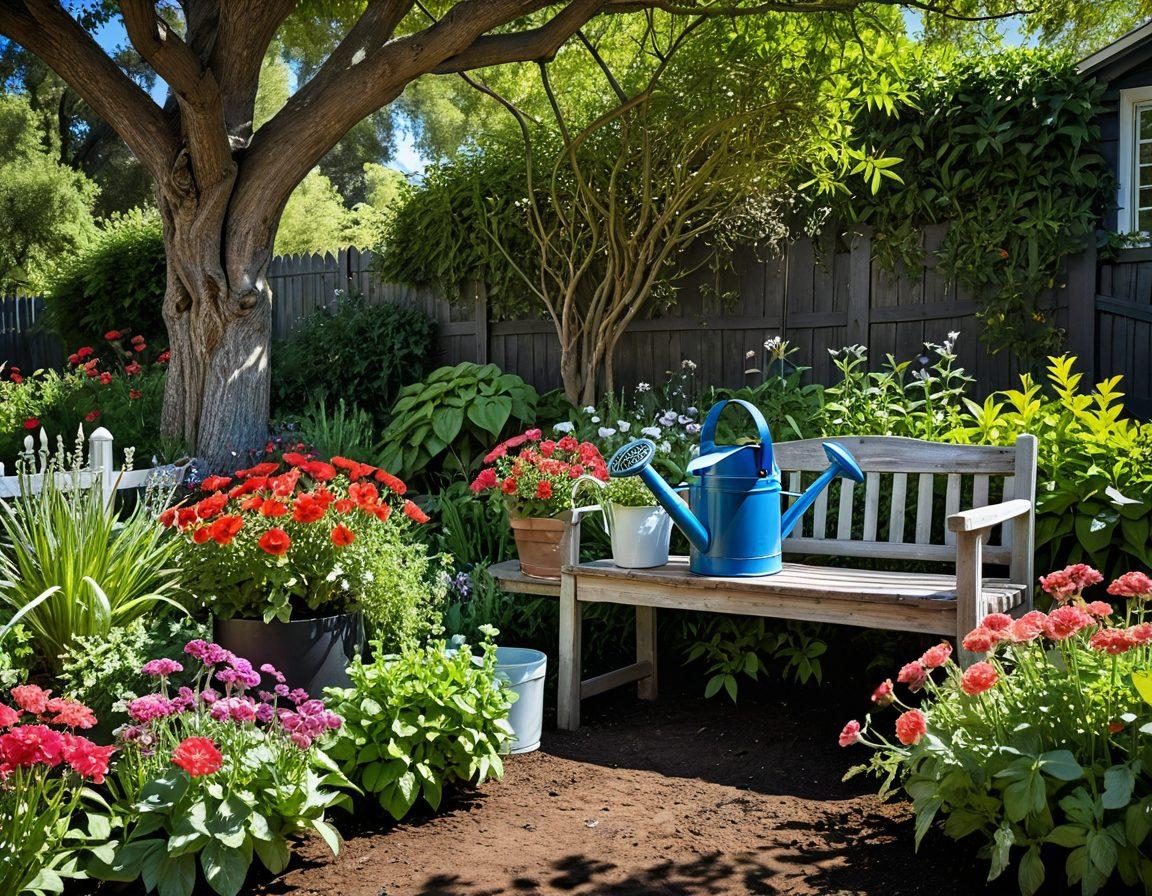 A lush, vibrant garden scene showcasing an array of colorful flowers, herbs, and vegetables. Include a rustic wooden garden bench under the shade of a large tree, with gardening tools neatly arranged beside it. The sky is bright blue, with fluffy white clouds drifting by, and a small watering can spilling water onto the soil. The overall feel of the image should be inviting and inspiring for anyone interested in gardening. super-realistic. vibrant colors. natural lighting.